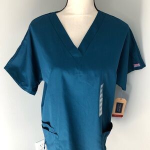 NWT Cherokee Workwear Caribbean Blue 3 Pocket Scrub Top Size Medium